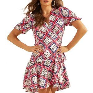 Guess Womens XS Tribal Rhombus Pink Combo Wrap Dress NWT AZ40